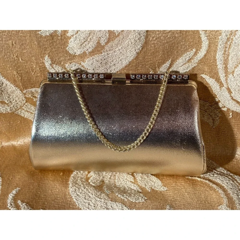 Vintage 60s Clutch 1960s Gold & Rhinestone Fancy Formal Prom Evening Bag